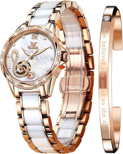 Vista 10 de OLEVS Relojes automáticos mecánicos para mujer de cuerda automática, oro rosa, dos tonos, correa de cerámica, esfera de corazón de amor