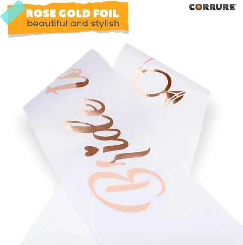 Vista 13 de CORRURE Banda para despedida de soltera "Bride to Be", banda de satén blanco con letras de lámina de oro rosa, accesorios de decoración de despedida