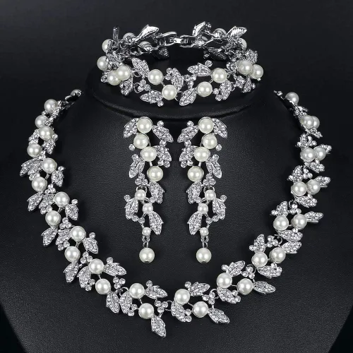 Vista 6 de mecresh Juego de joyas florales de perlas simuladas, collar de boda de cristal, aretes, pulseras, regalo de compromiso