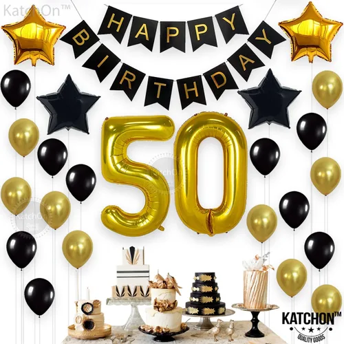 Vista 2 de Kit dorado de decoración de cumpleaños número 50 – grande, paquete de 26 Cartel de cumpleaños 50 negro y dorado con globos de estrella de Mylar