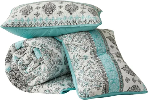 Vista 9 de Chezmoi Collection Herald - Juego de edredón estampado de 2 piezas, color azul aguamarina, negro, blanco, bohemio, damasco, colcha ligera
