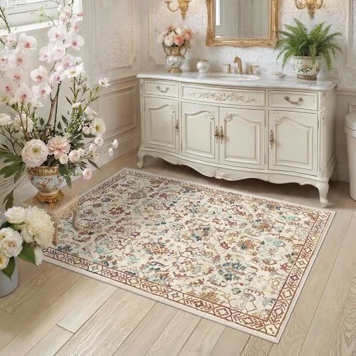 Vista 2 de Alfombra de área pequeña de 2 x 3 pulgadas, color beige, para entrada, baño, cocina, antideslizante, de pelo bajo, lavable, moderna alfombra bohemia