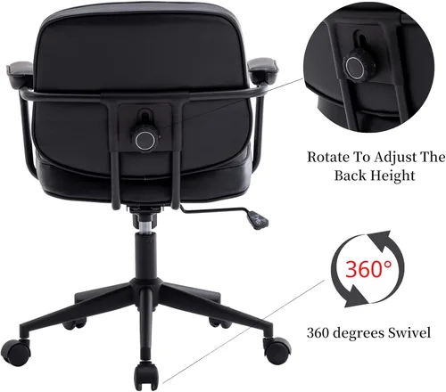 Vista 7 de LukeAlon Silla de escritorio ajustable de piel sintética, silla giratoria de 360° negra con reposabrazos, asiento grueso, botones y ruedas