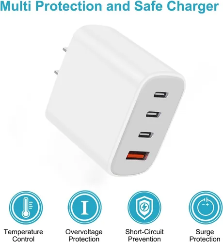 Vista 4 de Bloque de cargador USB-C, bloque de cargador de pared con cable C a C, adaptador de corriente de 4 puertos y enchufe de pared, bloque de carga