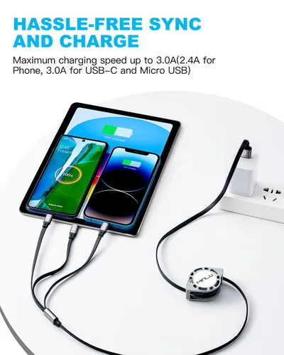 Vista 9 de Cable de carga múltiple 3A, [2 unidades de 4 pies] cable de carga múltiple retráctil 3 en 1, cable de carga rápida, adaptador de cargador USB C