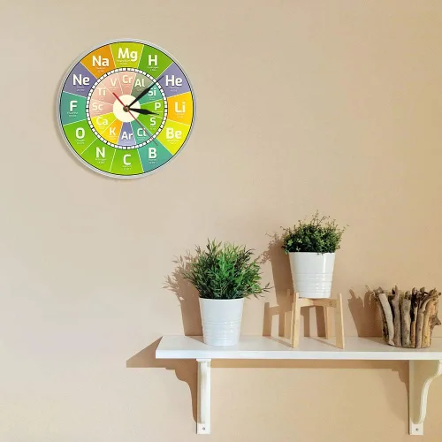 Vista 3 de The Geeky Days Reloj de tiempo Chem Tabla periódica Elementos de ciencia Reloj de pared de cuarzo silencioso Símbolos químicos Arte de pared
