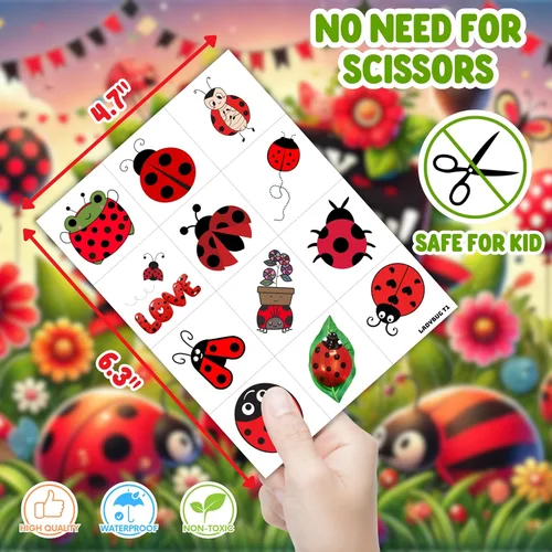 Vista 5 de 96 tatuajes temporales precortados de mariquita para niños, lindos tatuajes de insectos de Lady Beetle, recuerdos de fiesta, decoraciones