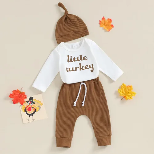 Vista 6 de Muasaaluxi Traje de bebé de Acción de Gracias con diseño de pavo, camisa acanalada, pantalones deportivos, sombrero, ropa de otoño e invierno, 0-12