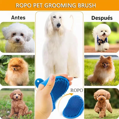 Vista 7 de ROPO Cepillo de baño para perros, cepillo de champú para perros, peine de goma de masaje calmante con mango de anillo ajustable para perros y gatos