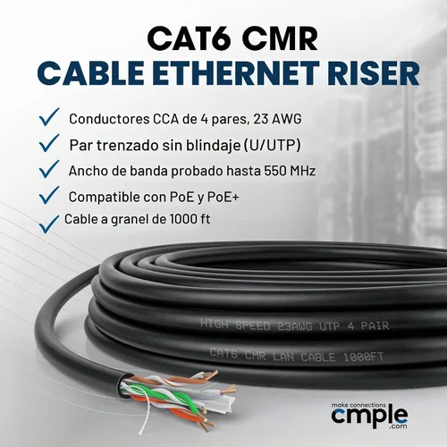 Vista 2 de Cmple - Cable Cat6 1000 pies a granel, cable Ethernet LAN Cat 6, cable de red UTP 23AWG CMR Riser 10Gbps 550 MHz, caja dispensadora de 1000 pies
