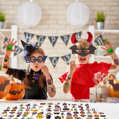 Vista 6 de 600 tatuajes temporales de Halloween para niños, varios colores y que brillan en la oscuridad, calcomanías de tatuajes para fiestas de Halloween