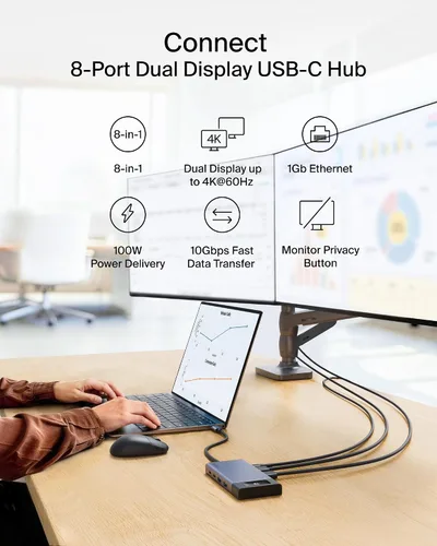 Vista 2 de Belkin USB C Hub, 8-in-1 Multi-Port Hub 100W - Dual Display Support for Windows & Chromebook + Mirrored Support for macOS w/Monitor Privacy
