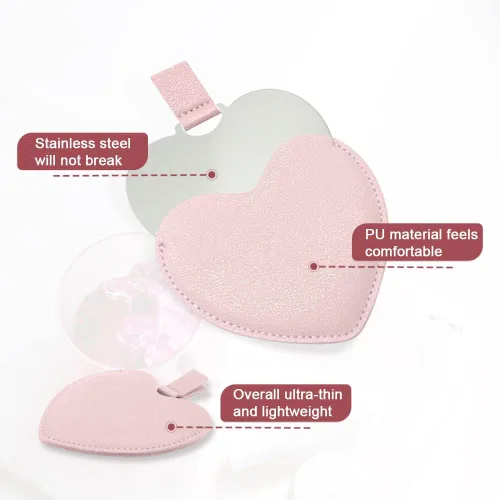 Vista 4 de Espejo compacto de acero inoxidable, espejo de bolsillo inastillable en forma de corazón con funda de piel sintética, mini espejo irrompible