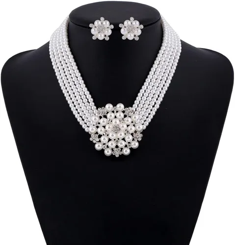Vista 3 de Chamvino Gargantilla de perlas de imitación multicapa de moda y exagerada, juego de joyas de aretes, collar de novia, accesorios de vestir