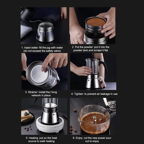 Vista 6 de Cafetera de café expreso, tapa de cristal y olla de café espresso de acero inoxidable, cafetera italiana clásica de acero inoxidable, cafetera