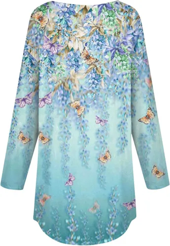 Vista 2 de Kenvina Sudaderas para mujer, manga larga, cuello redondo, dobladillo curvado, túnica sin botones, casual, holgada, para otoño e invierno