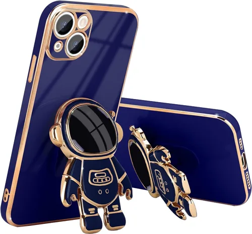 Vista 10 de Pepmune - Funda para iPhone 13 con soporte de astronauta 3D, color negro Luxury Electroplated Soft Silicone Cover with Holder, Lovely 3D Cartoon