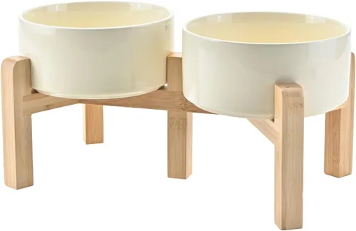 Vista 16 de SPUNKYJUNKY Cuencos elevados de cerámica para perros, 5.1 pulgadas, para comida de perros y gatos, cuencos elevados con soporte de bambú Verde oscuro