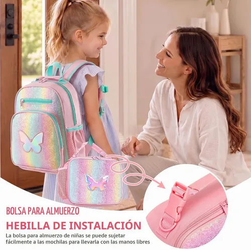 Vista 5 de Lonchera con diseño de mariposa para niñas y niños, lonchera aislada con diseño de arco iris con asa de clip, lonchera a prueba de fugas con Rainbow