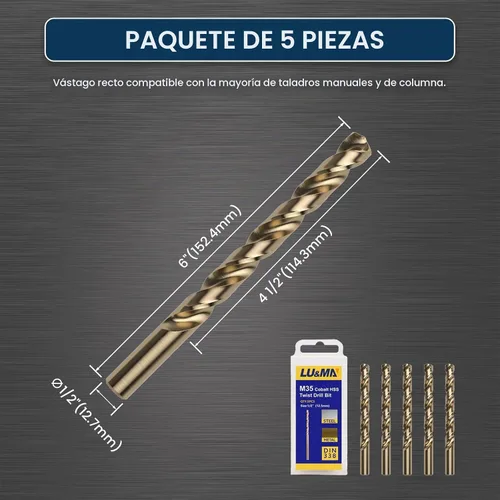 Vista 2 de LU&MN Broca helicoidal M35 de 1/2 pulgada de longitud de cobalto HSS Jobber con vástago recto, resistente, paquete de 5 unidades, perforación