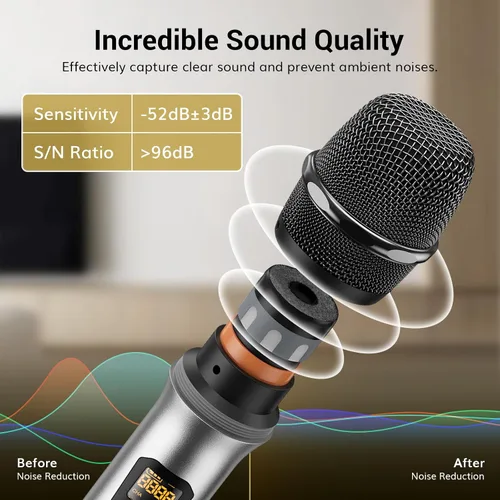 Vista 2 de TONOR Micrófonos inalámbricos, sistema de micrófono dinámico de metal inalámbrico dual UHF con receptor recargable, para canto de karaoke, boda, DJ
