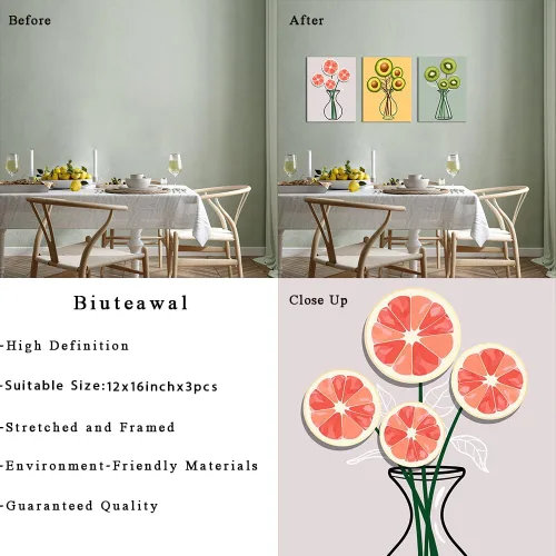 Vista 6 de Biuteawal Lienzo de frutas para pared, kiwis, pomelo en botella, florero, imagen, rosa, amarillo, verde, pintura, naturaleza muerta, obra de arte