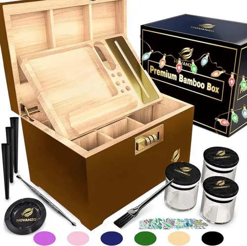 Vista 10 de HOVANZO Caja de almacenamiento grande de bambú premium con bandeja organizadora, caja de madera de almacenamiento y accesorios, caja decorativa