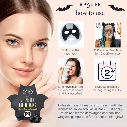 Vista 6 de SpaLife Paquete variado de mascarillas faciales de personaje de Halloween con diseño de murciélago de carbón animado, 10 hojas de máscara facial