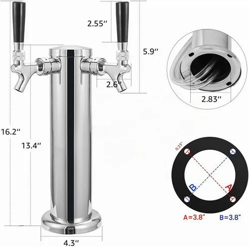Vista 5 de MRbrew Torre de cerveza de doble grifo, torre Kegerator SS de 3 pulgadas y grifo de cierre automático de núcleo inoxidable, torre de barril