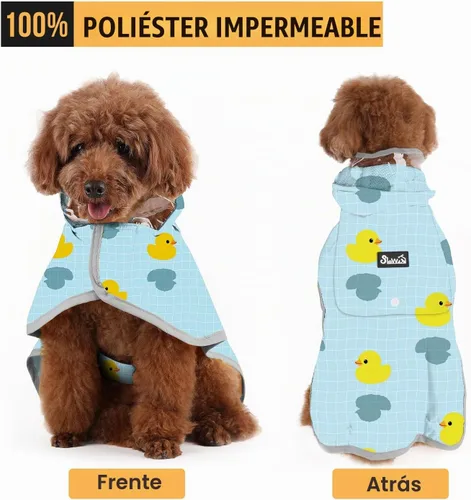 Vista 3 de SlowTon Chubasquero para perros, chaqueta de lluvia ajustable para perros con capucha transparente de doble capa, poncho impermeable con tiras