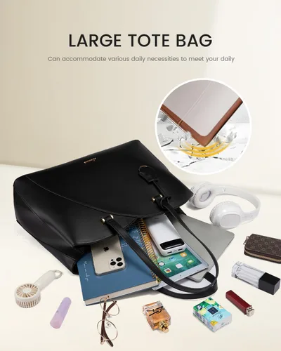 Vista 4 de LOVEVOOK Bolso de mano para laptop para mujeres, bolsos de trabajo, bolso para laptop para maestros, bolso de computadora de cuero, carteras Negro