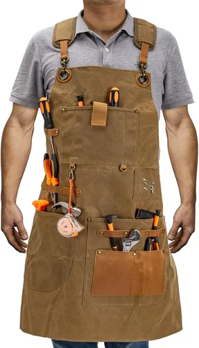 Vista 2 de Delantal de trabajo con bolsillos para herramientas, delantal resistente para carpinteros, mecánicos, herreros, carpinteros para regalo