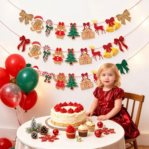 Vista 5 de 3 unidades de pancarta de Navidad con lazo vintage, lazos verdes y rojos, árbol de Navidad, árbol de Navidad, hombre de jengibre, guirnalda