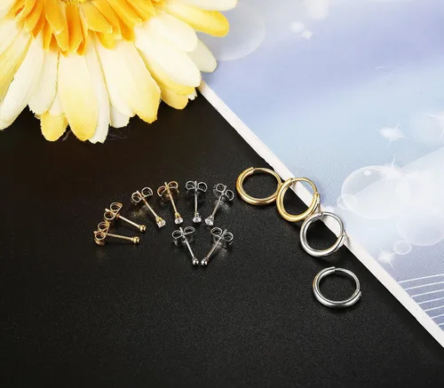 Vista 5 de Jstyle Pendientes de acero inoxidable de 0079in para mujer aros infinitos CZ bolas de cartílago juego de pendientes de plata y oro