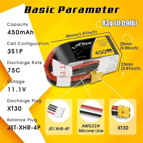 Vista 2 de TATTU Batería LiPo de 11.1V 3S 450mAh 75C con enchufe XT30 (2 piezas)