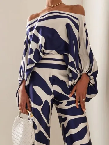 Vista 4 de REASERAL Conjunto de 2 piezas de verano para mujer, holgado, con hombros descubiertos, manga larga, casual, para salir, pantalones de pierna ancha