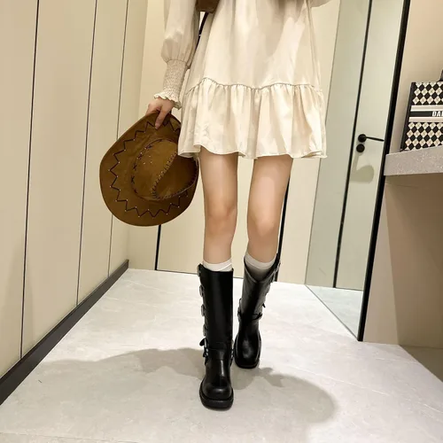 Vista 6 de Vertundy Botas altas hasta la rodilla para mujer, botas de tacón bajo grueso de pantorrilla ancha, botas vaqueras de equitación occidental, botas
