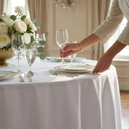 Vista 5 de Restaurantware Table Tek - Manteles redondos de 120 pulgadas para boda, 10 manteles redondos de poliéster blanco lavables sin arrugas