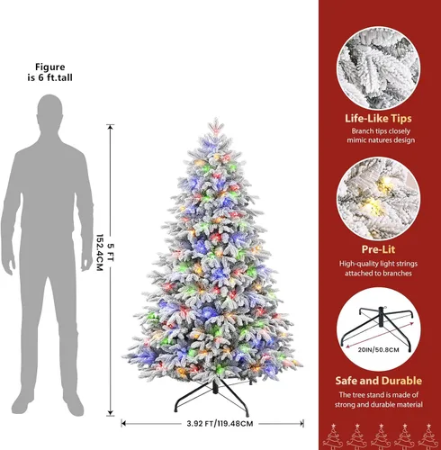 Vista 2 de SHareconn Árbol de Navidad de cedro flocado de 5 pies, 210 luces blancas cálidas y multicolor, diseño moderno de lujo con ramas nevadas flocadas