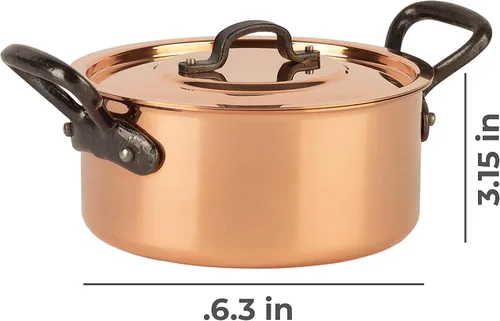 Vista 2 de olla de cobre estañado con asas y tapa de hierro fundido olla tradicional de cobre macizo olla de Francia ideal para sopas y guisos 1.5 cuartos