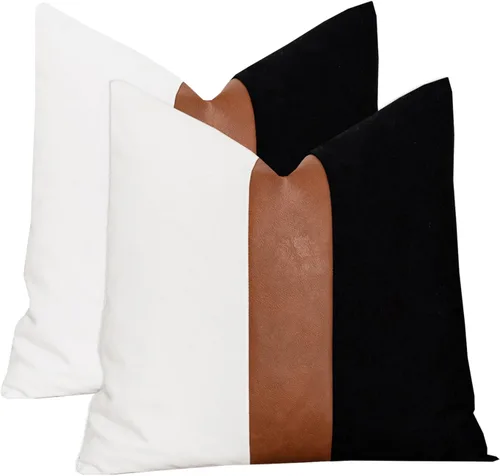 Vista 21 de Juego de 2 fundas de almohada negras y marrones de 18 x 18 pulgadas, fundas de almohadas modernas con rayas estilo granja para sofá, sala de estar