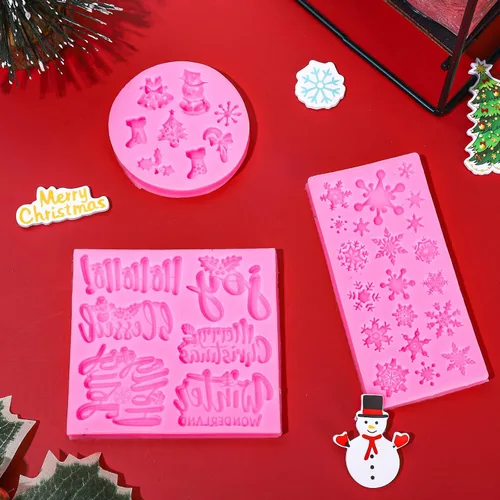 Vista 5 de Whaline 3 moldes de silicona para fondant de Feliz Navidad, diseño de copos de nieve rosados, con palabras bendecidas, alegría, acebo, Jolly