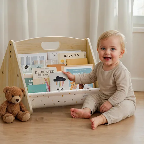Vista 10 de ZICOTO Estantería decorativa de madera con asa para habitaciones de niños, mantiene los libros ordenados y al alcance de los niños pequeños