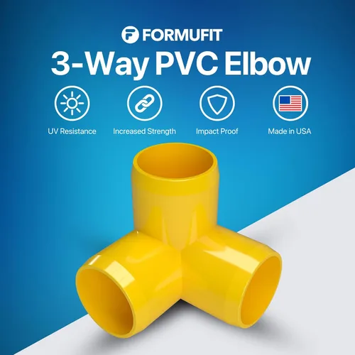 Vista 2 de Codo de 3 vías de PVC de grado para muebles de 1 pulgada en amarillo, fabricado en Estados Unidos, resistente a los rayos UV, a prueba de impactos