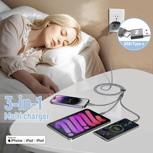 Vista 3 de Cable de carga múltiple de 4 pies, paquete de 3 cables trenzados 3 en 1 con certificación MFi de Apple Fast Charger Cord with Lightning USB-C