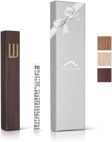 Vista 8 de Funda de madera para mezuzá con pergamino para puerta, diseño moderno/tradicional, fácil de despegar y pegar, funda de mezuzá para el hogar Roble +