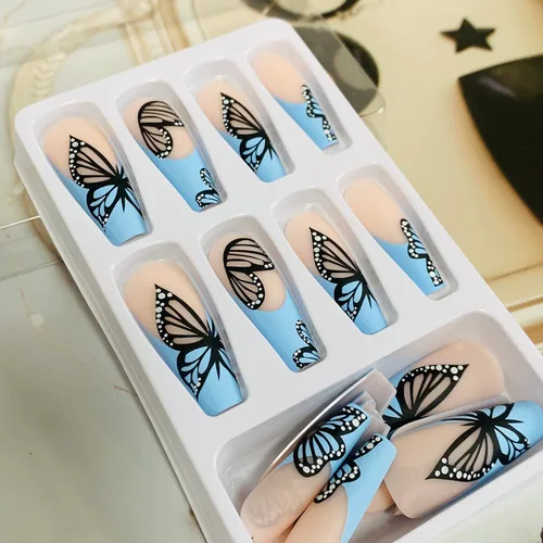 Vista 5 de Uñas postizas a presión con forma de ataúd súper largas, 24 uñas postizas reutilizables de cobertura completa con pestañas adhesivas, uñas postizas