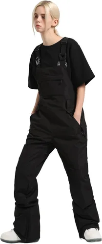 Vista 3 de GSOU SNOW Pantalones de esquí para mujer, overol con peto de nieve, impermeable, resistente al viento, aislado, correa ajustable, cálido