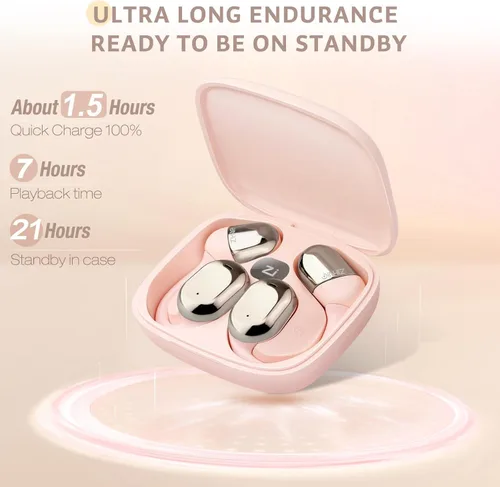 Vista 3 de ZIHNIC Auriculares de oreja abierta, comodidad durante todo el día, batería de 28 horas con uso prolongado, IPX5 impermeable, compatible con Rosa