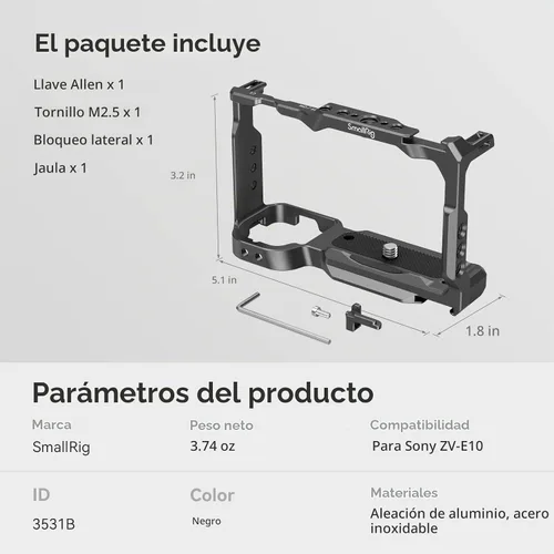Vista 8 de SmallRig Jaula con placa de liberación rápida incorporada para Arca-Swiss y Cold Shoe para Sony ZV-E10-3531 con zapata fría, 1/4 ''-20 agujeros